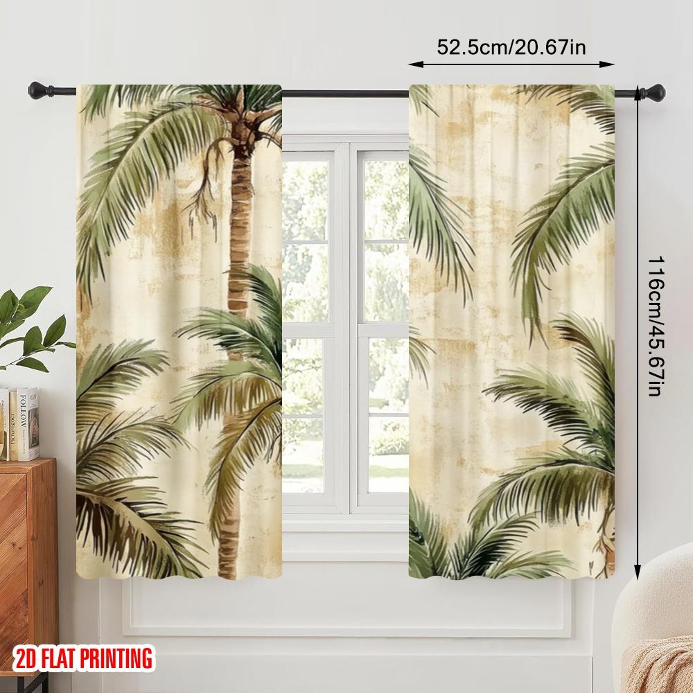 2pcs,2D Plane Printing Popular Curtains Palm Oasis Polyester Fabric (without Rod) Festive Perfect for Living Room, Bedroom,