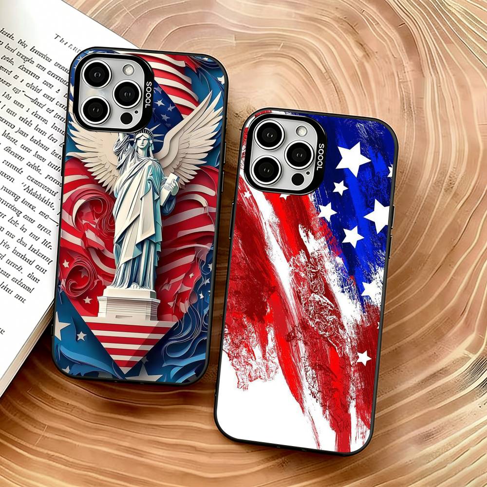 Artistic American Flag Phone Case For iPhone 17,16,15,14,13,12,11 Plus,Pro Max,XS,Colored Silver Plated Inside Cover
