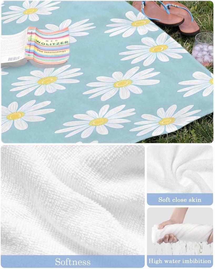 Beach Towels Cartoon Daisy Flowers Pool Towels Light Blue Bath Towels Sand Free Beach Blanket Quick-Dry Lightweight Travel Towel
