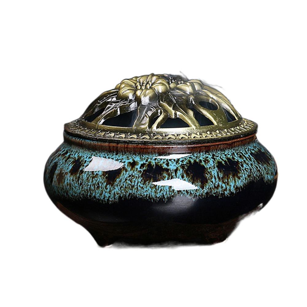 New Ceramic Incense Burner Copper Cover Ice Crack Incense Plate Antique Alloy Sandalwood Stove Home Decoration
