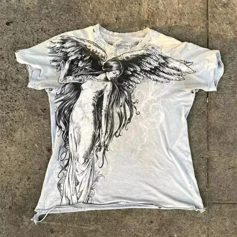 Sommer Europäische und Amerikanische Mode Herren Atmungsaktives und Bequemes Rundhals-T-Shirt Flügel Kreuz Druck Outdoor Oberteil