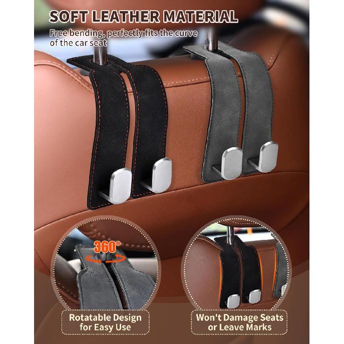 Headrest Hooks For Car, 4 Pack Car Seat Back Organizer Storage Hook, Double Hook Car Seat Hooks For Hanger Purses And Bags, Leather Purse Holder For