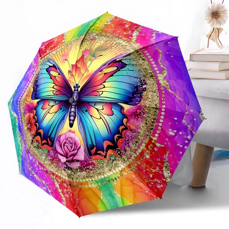 1pc Purple Butterfly Garden Automatic Umbrella with 8 Rib Sturdy Construction All Season Women's Umbrella for Travel Fashion Lovers Birthday Y10