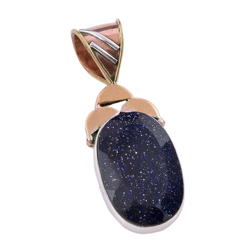 Natural Blue Sunstone 925 Solid Sterling Silver Gift TwoTone Pendant 1.50" T6C22