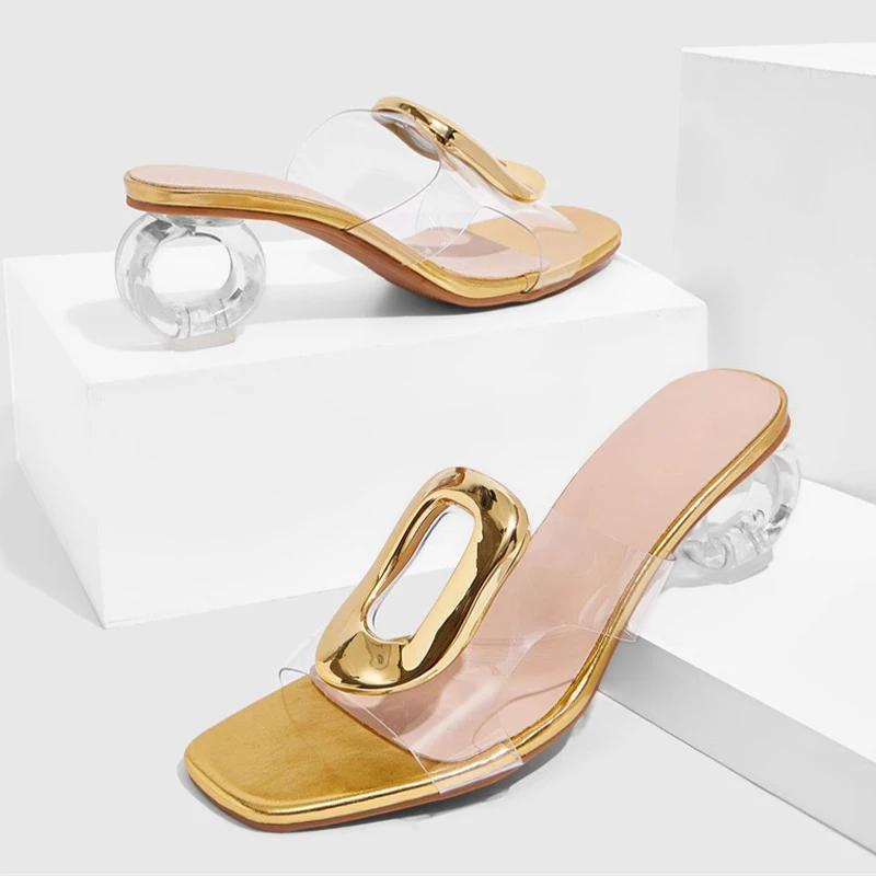Fashion Novelty Strange Clear Heel Slippers Women Metal Decoration High Heel Slide Sandals Summer Transparent Pvc Strap Beach Flip Flop