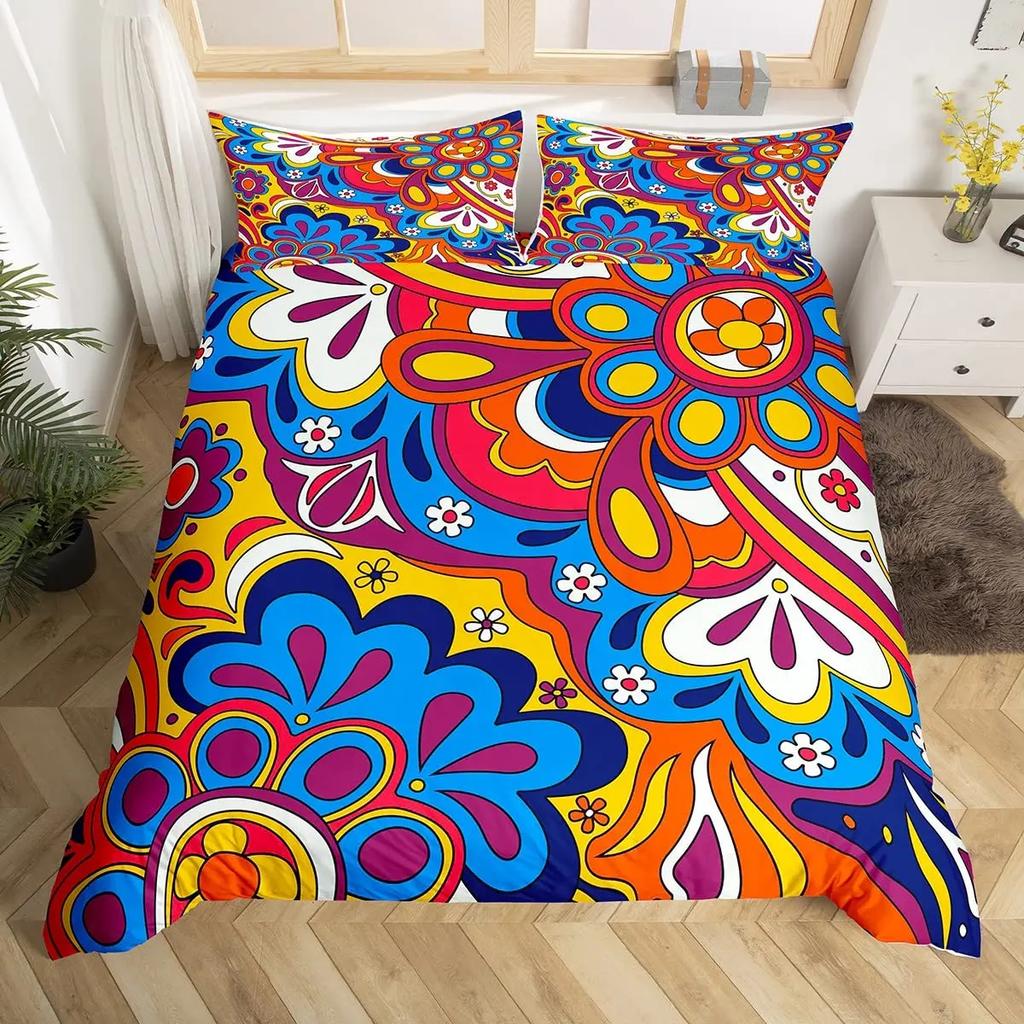 Hippie Flower Duvet Cover Set Boho Mandala Bedding Set Microfiber Groovy Flowers Comforter Cover King for Girls Women Room Decor