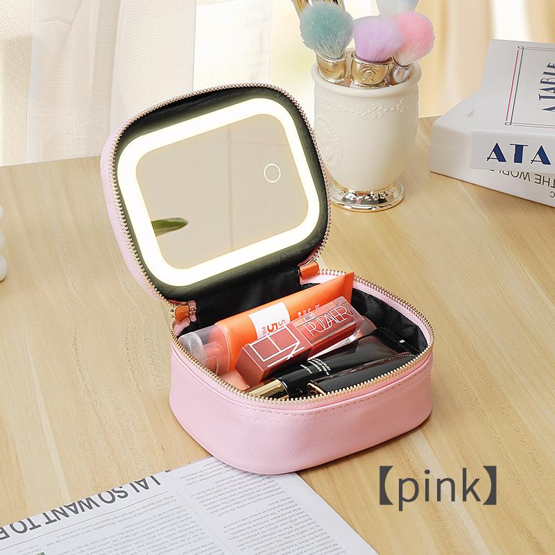 

1 PC PU leather Makeup Bag - Portable travel odorless, jewelry and makeup storage bag with led lights and detachable mirror розовый
