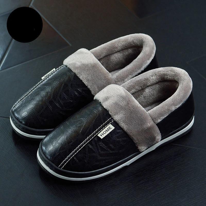 Men‘s Slippers Winter Indoor Women Warm Shoe Comfortable Waterproof PU Leather Slipper Couple Cotton Flat Shoes 2025 New