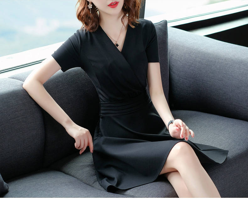 Vestido Mini de Manga Corta con Cuello en V, Línea A, Cintura Alta, Delgado, Elegante, Color Sólido, Poliéster, Pequeño Vestido Negro, Vestido Casual para Fiesta de Verano