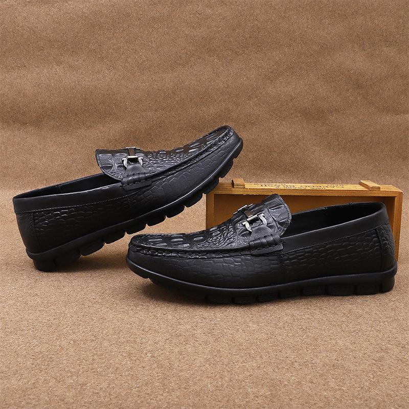 New Spring Crocodile Pattern Men's Bean Shoes Flat Heel Lazy British Soft Bottom Black Casual Leather Shoes