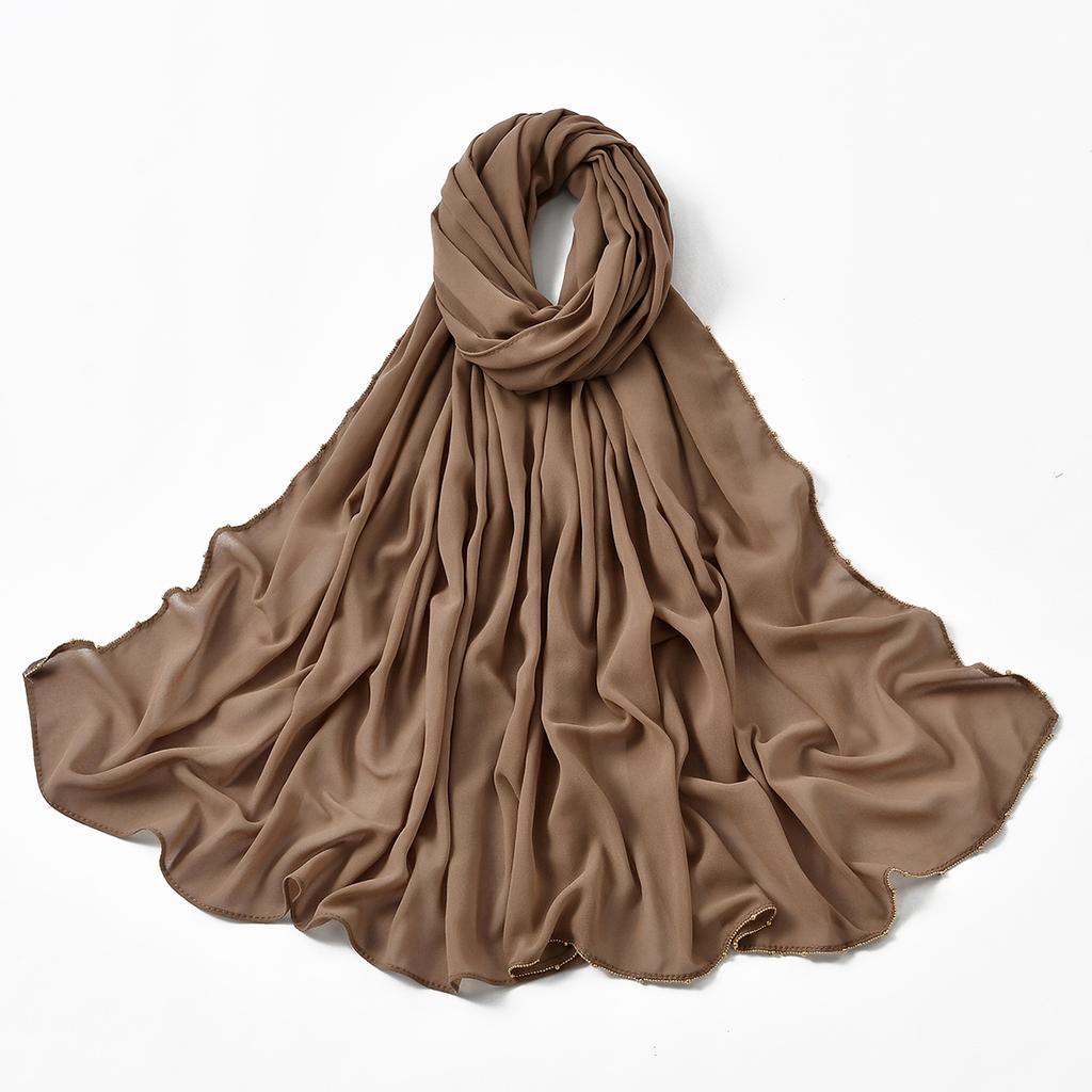 Muslim Chiffon Hijab Women Glitter Chain Edge Premium Chiffon Scarf Solid Color Plain Shawl Unique Edge Design Headscarf Wraps