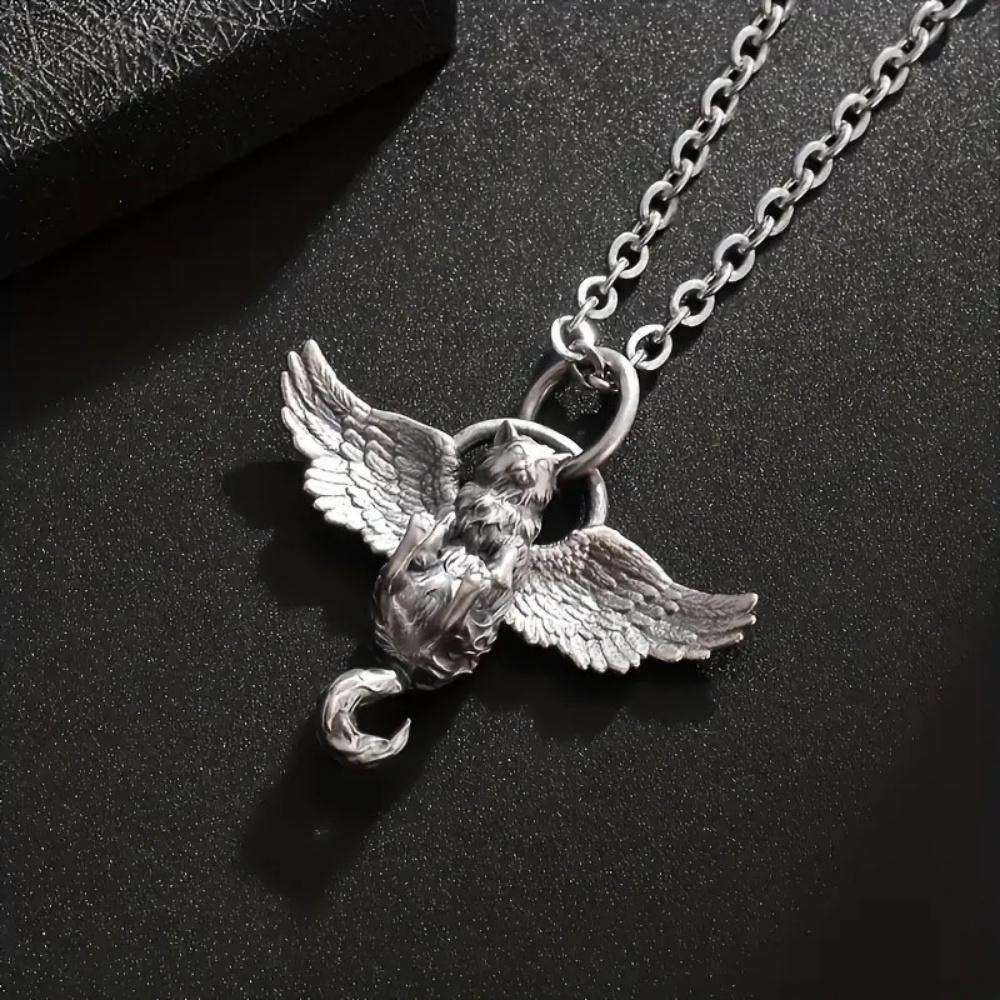 Hot Silvery Geometric Angel Cat Pendant Necklace Unisex Unique Trendy Retro Versatile New Gothic Jewelry Gift