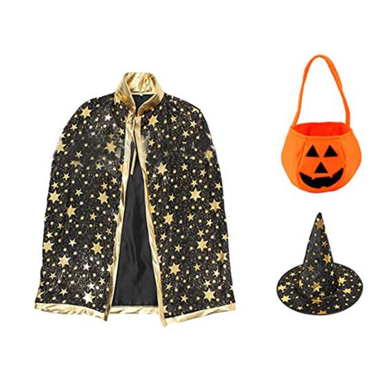 Child Witch Costume Unique Anime Cosplay Cape Hat Set Sparkling Pentagram Design with Pumpkin Bag Halloween Party Supplies