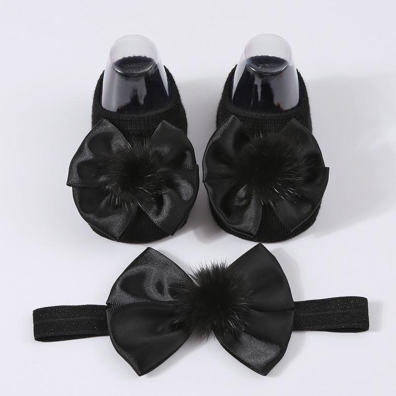 Baby Girl Princess Socks With Headband, Plush Bowknot Children's Socks Solid Color Kids Socks