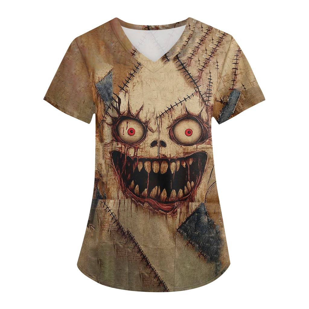 Women's Printing Uniform Work Uniform V-neck Pockets Basic Short Sleeve Pullover Top