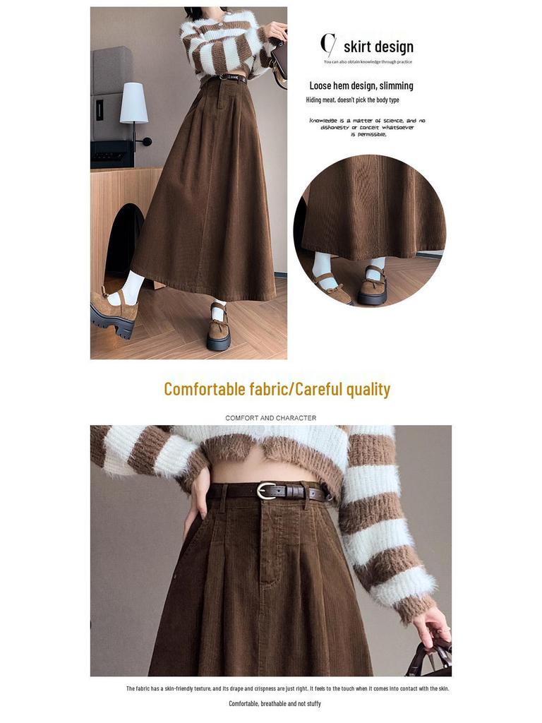 Women's High Waist Corduroy Midi Skirt - 2025 Autumn Winter Korean Style, Large Flare Pleated Design