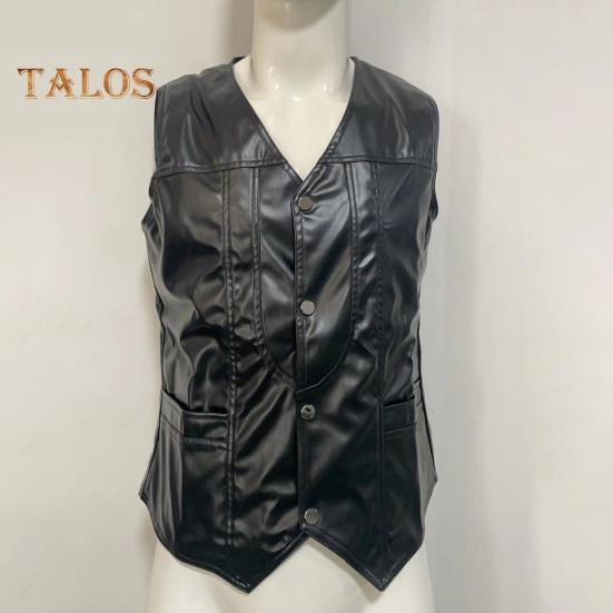 Pánská vesta z umělé kůže s výstřihem do V bez rukávů Slim Fit Jednořadá vesta Kabát s kapsami Jednobarevná vesta