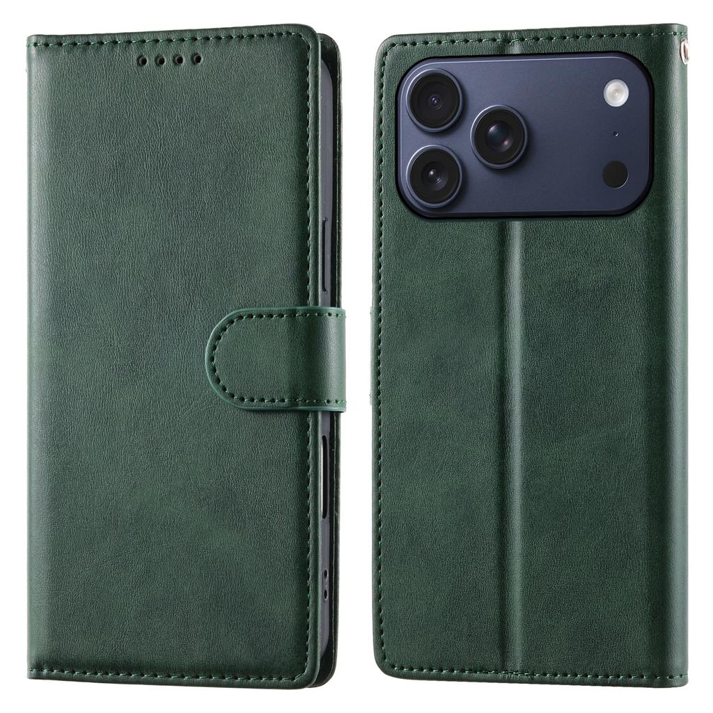 For iPhone 17 Pro Max Case Stand Wallet Calf Texture PU Leather Flip Phone Cover with Wrist Strap