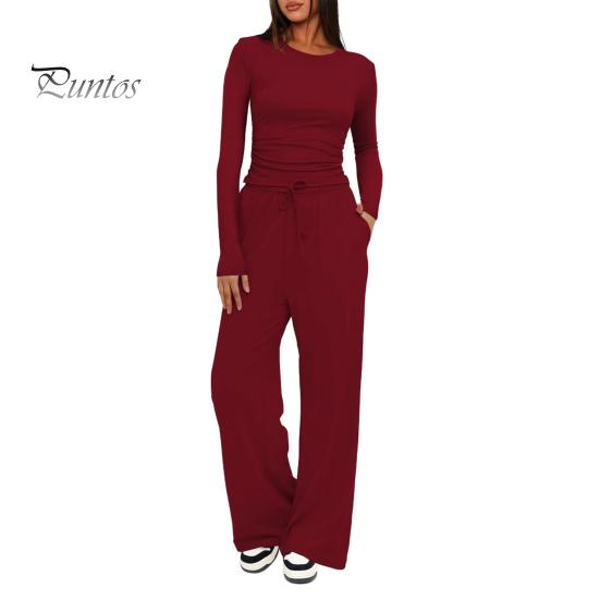 Long Sleeve Top Women Pants Set for Spring Fall, Slim Fit Crewneck Sweatshirt, Two Piece Sets Elastic Waist Loose Wide Leg Pants, Solid Color