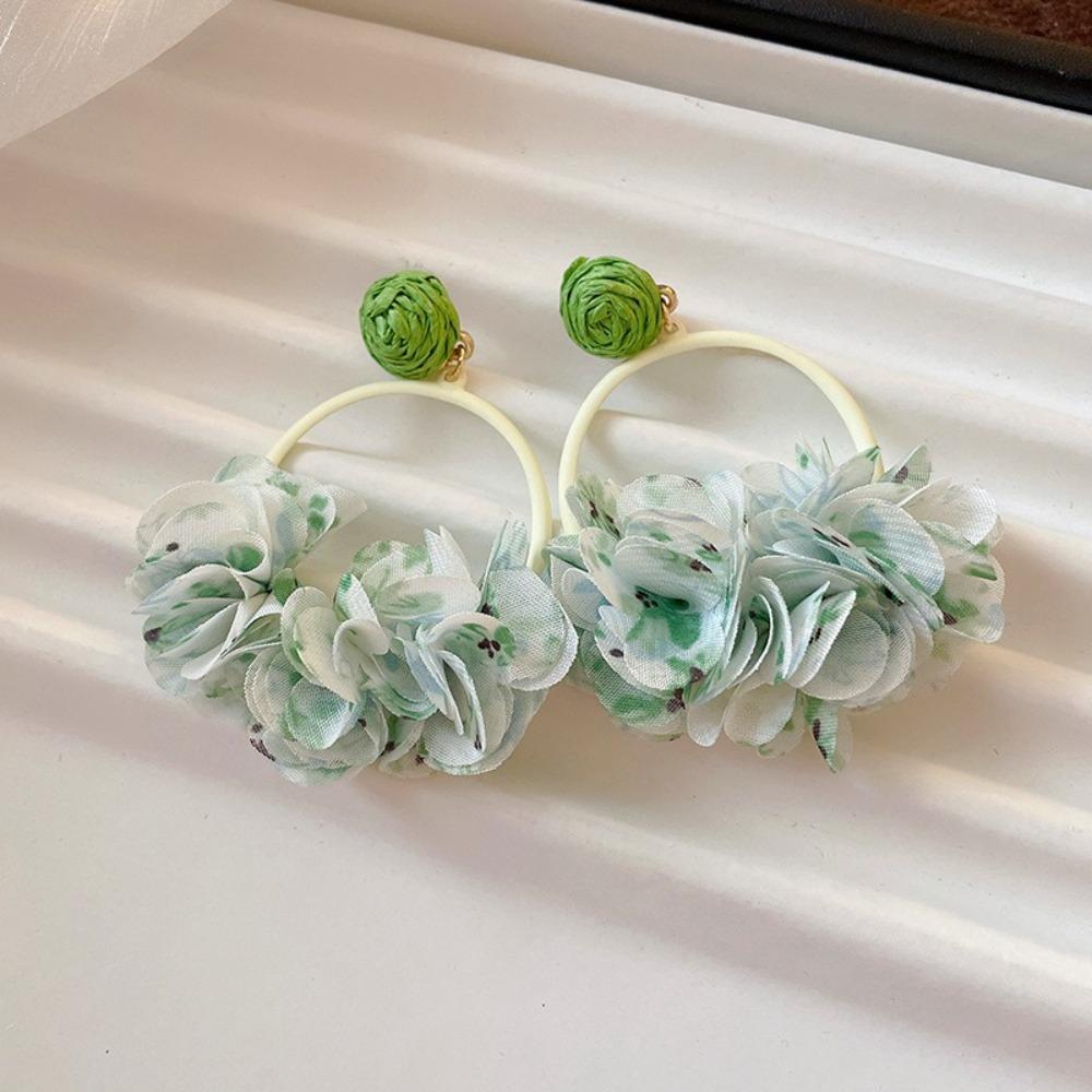 Sweet Fabric Flower Eardrop Round Hollow Exaggerated Earrings Elegant Drop Earrings  Women