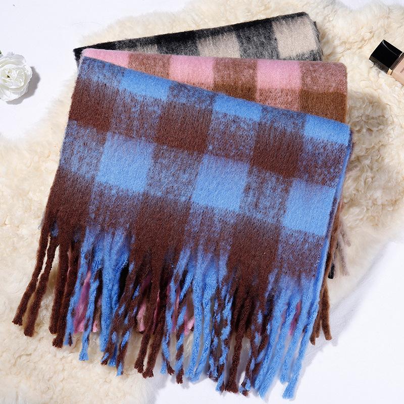 Korean version of scarf women's winter high-end mohair imitation cashmere plaid scarf thickened warm shawl student scarf