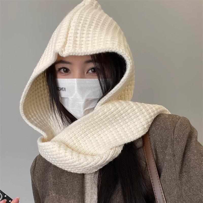Autumn and winter dual-purpose hooded shawl hat scarf integrated women's two-piece set solid color warm scarf wool knitted hat