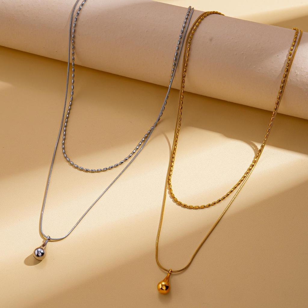 European & American Stainless Steel Double-Layer Water Drop Pendant Necklace - Fashionable Clavicle Chain for Women.
