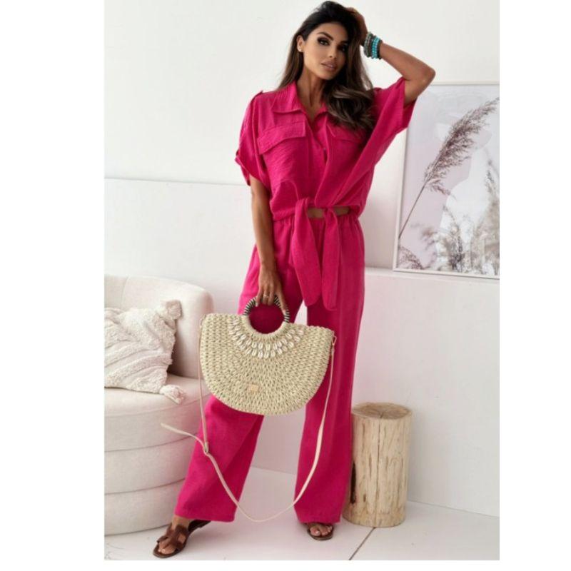 European and American Fashion Commuter Red Short Single-Breasted Short Sleeve Lace-up Shirts Top Wide-Leg Trousers for Two Years Set Women