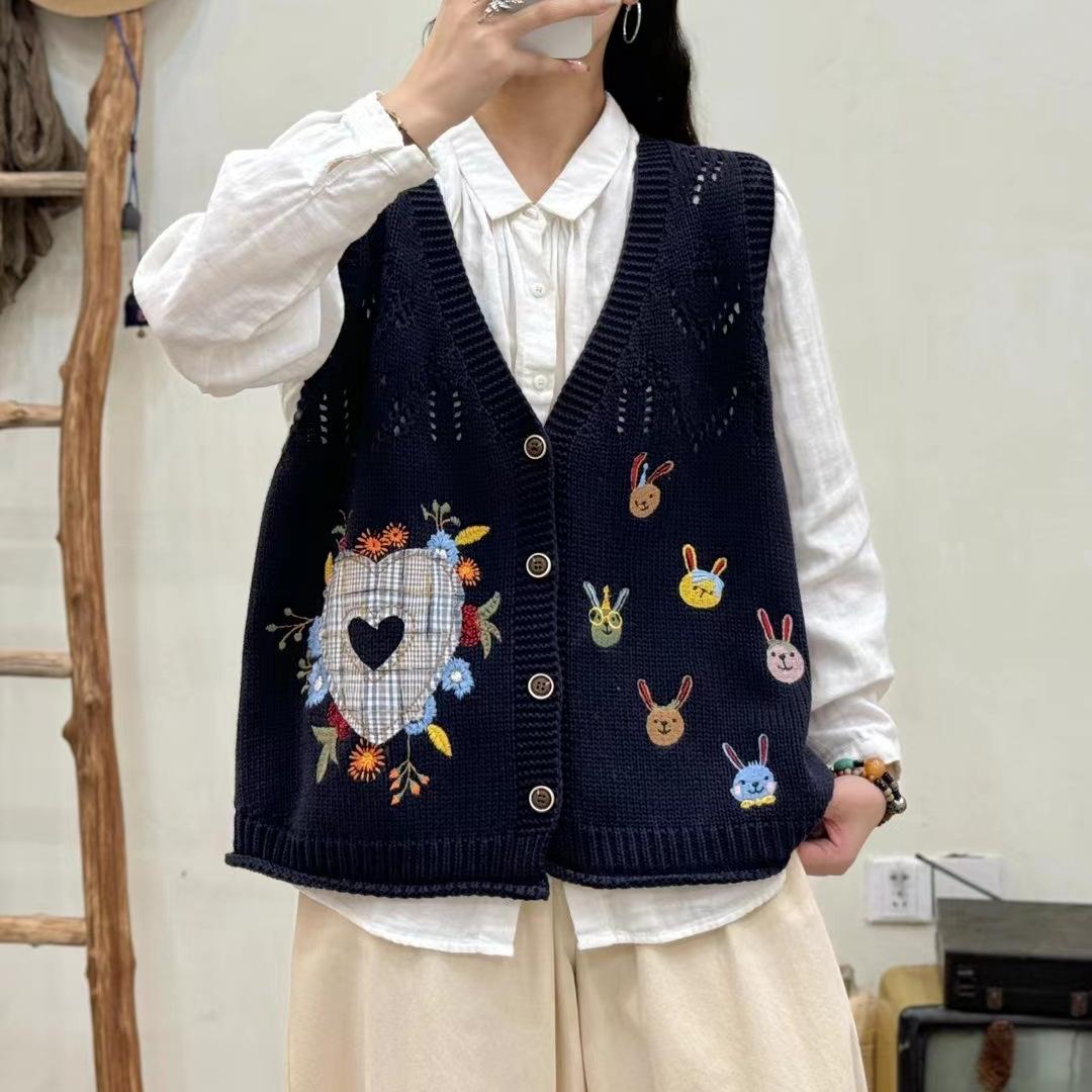 

Весенний трикотажный жилет без рукавов с V-образным вырезом и цветочной вышивкой, темпераментный свитер-майка, кардиган 3XL тёмно-синий