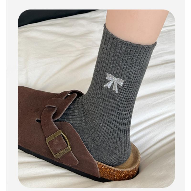 Bow Socks for Women, Autumn Style Cotton Socks, Retro Mid-calf Socks, Solid Color Women's Socks, Mid-calf Pile Socks