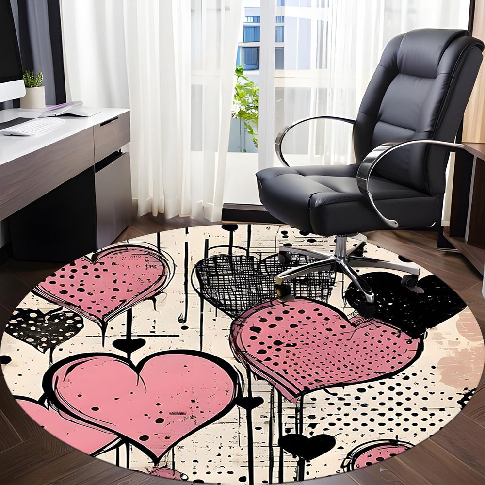 1pc Heart Print Chair Carpet for Office, Round Polyester Mat, Indoor Decor for Office, Washable Non-slip Carpet yy251219113