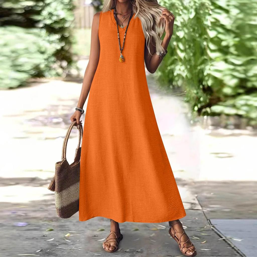 Women's Fashion V-Neck Sleeveless Colour Zip Casual Holiday Long Cotton Linen Dresses
