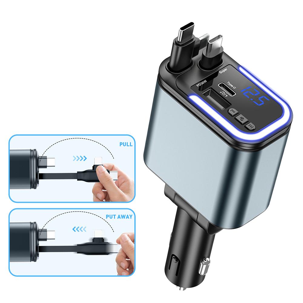 180W Bluetooth 5 IN 1 Retractable Car Charger USB C Car Fast Charging Adapter With Atmosphere Lights For IPhone Samsung/HuaWei