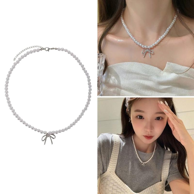 Elegant Pearl Beaded Necklace Charm Eye Catching Pearl Necklace with Bowknot Pendant Trendy Neck Chain for Parties