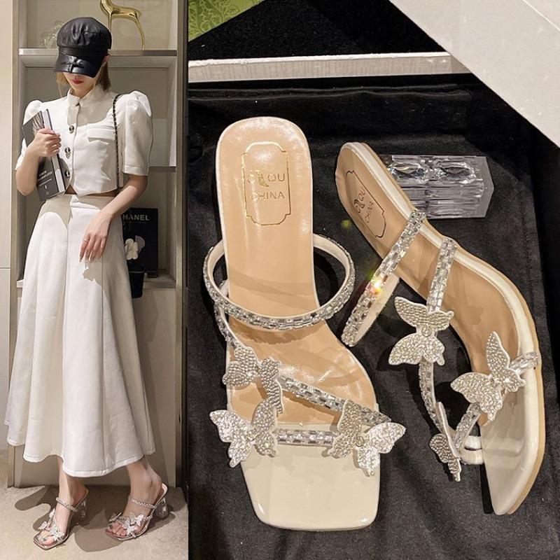 Fashion Shoes Woman's Slippers Slides Square heel Butterfly-Knot Jelly Flip Flops 2024 Block Glitter Crystal Shoes Woman's Slippers Squa
