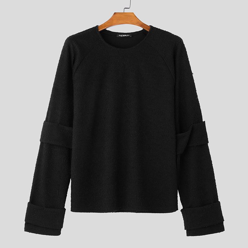 

INCERUN Мужские футболки с круглым вырезом и текстурой, с длинным рукавом, повседневные свободные топы 4XL чёрный