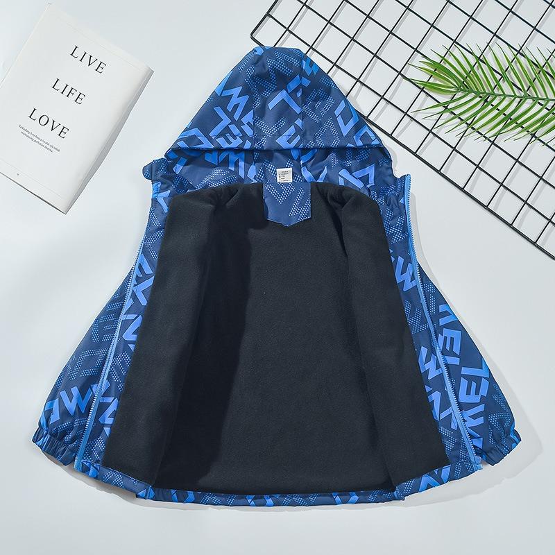 Children's Clothing Spring and Autumn Boys Plus Velvet Windproof Jacket Children's Baby Jacket Jacket Hooded Windbreaker