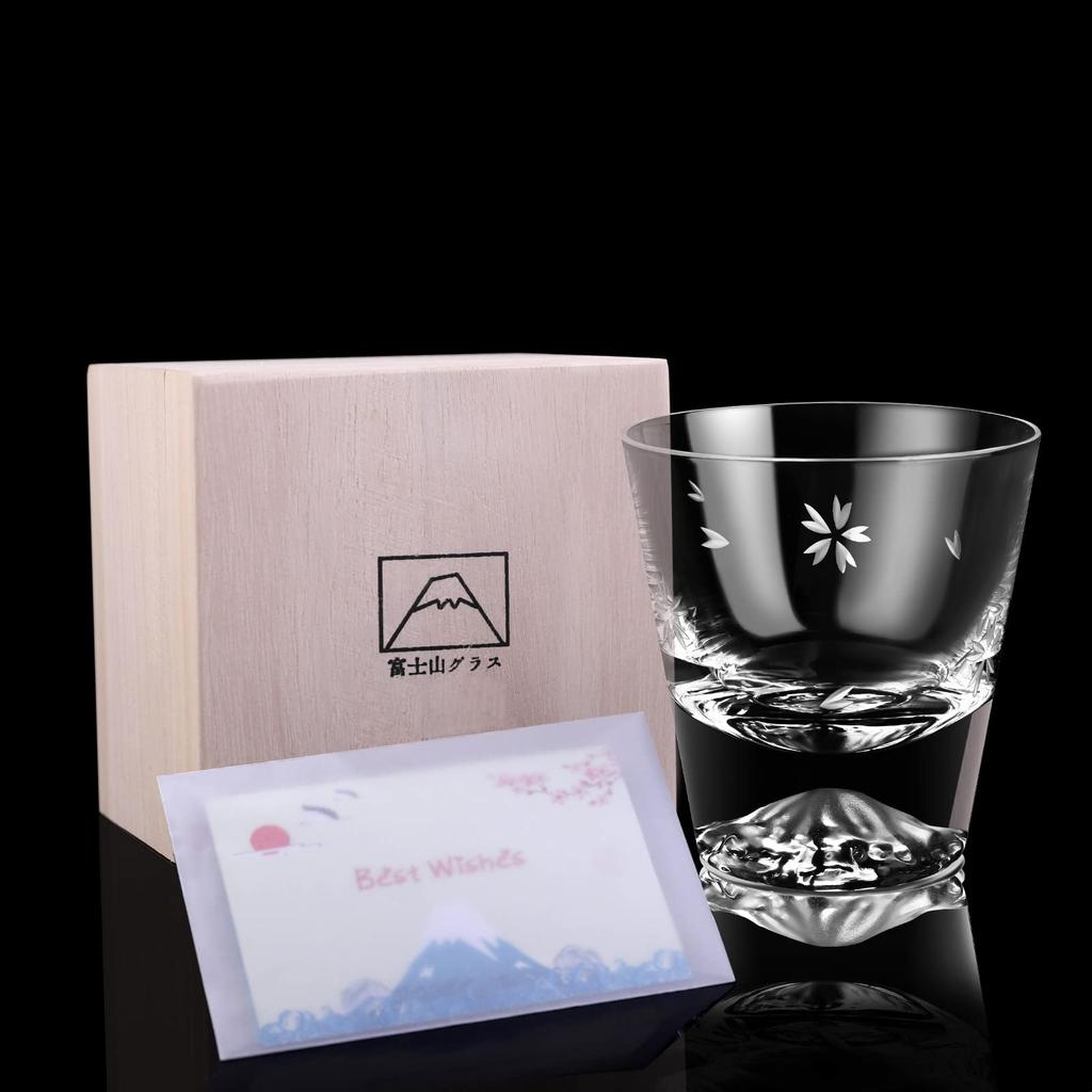 Mount Fuji rocks glass with Sakura Kiriko Comes in a paulownia wood Perfect for or Stylish and perfect as a gift for or 60th 270cc High-quality,