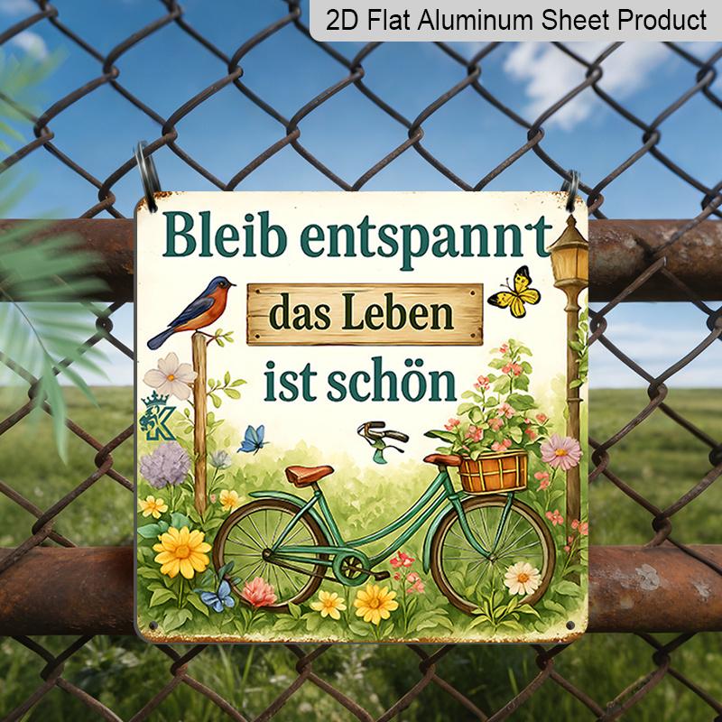 2D Flat 1pc, Vintage Aluminium Sign - Rustic Garden and Bicycle Decorative Plaque with Floral and Bird Designs, German Text, Wall-mounted Artwork