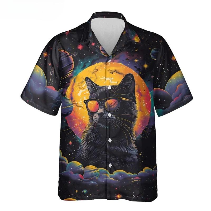 Herren Hawaii Strandhemd Druck Lustige Katze Taco Pizza T-Shirts Oberteile Kurzarm Knopfleiste Urlaub Aloha Hemden Streetwear