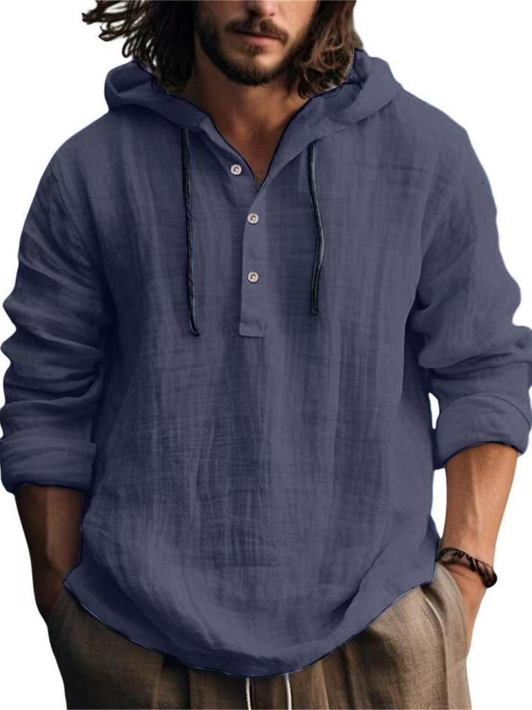 Men's Cotton Linen Hooded Sweatshirt - Casual Solid Color, Long Sleeve, Trendy Autumn Wear