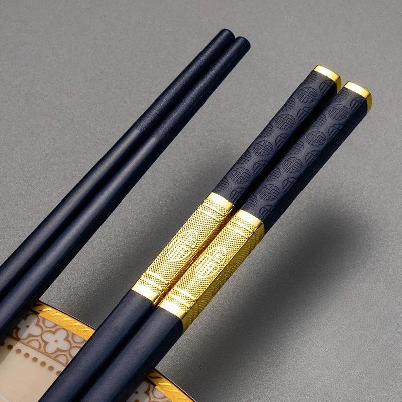 1 Pair Sushi Chopsticks Square Food Black Gold Chopsitcks  Reusable Japanese Cutlery Resuable Chinese Chopstick Alloy Tableware