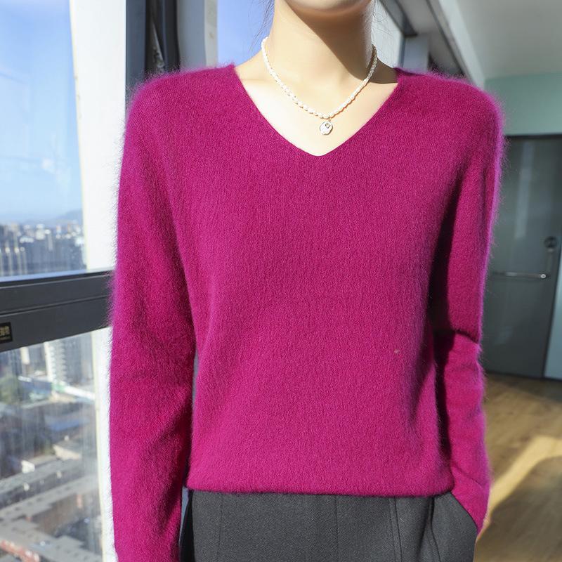 New Seamless Mink Velvet V-Neck Cashmere Sweater for Women - Loose Fit, Solid Color, Short Pullover Knitwear for Autumn and Winter