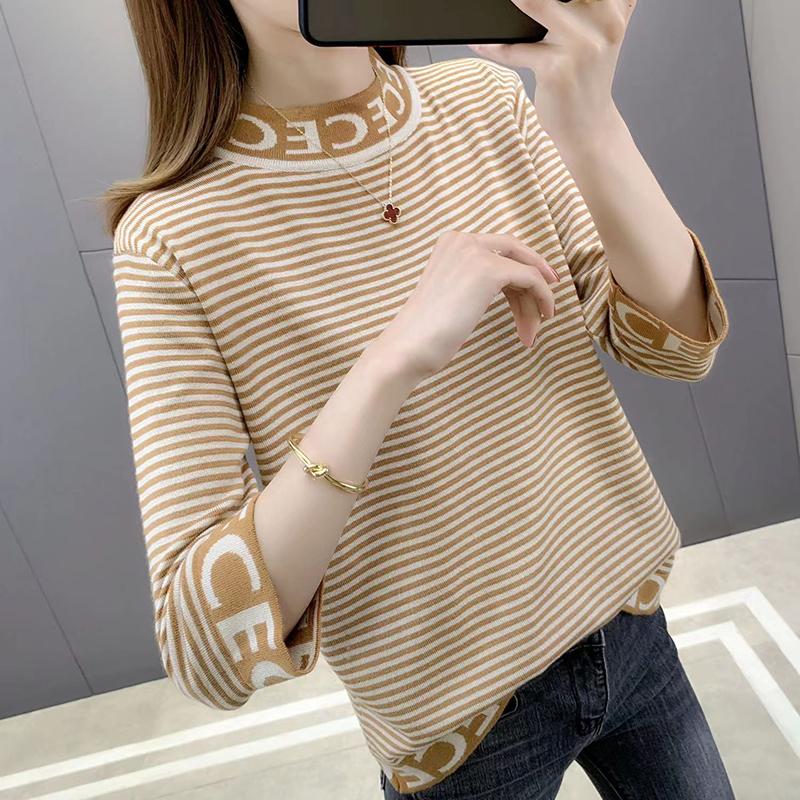 Slim Three-quarter Sleeve Mercerized Cotton Letter Half Turtleneck Sweater T-shirt Top for Women Spring and Autumn Korean