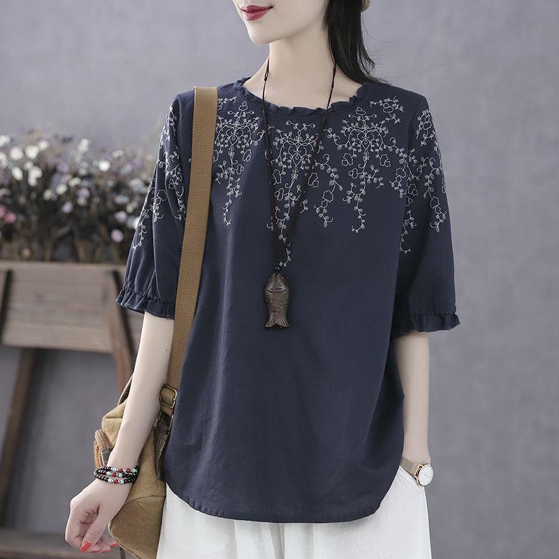 

2025 Fashionable Plus Size Lace Top for Middle-aged Women - Summer Age-defying Loose Fit Blouse 2XL темно-синий