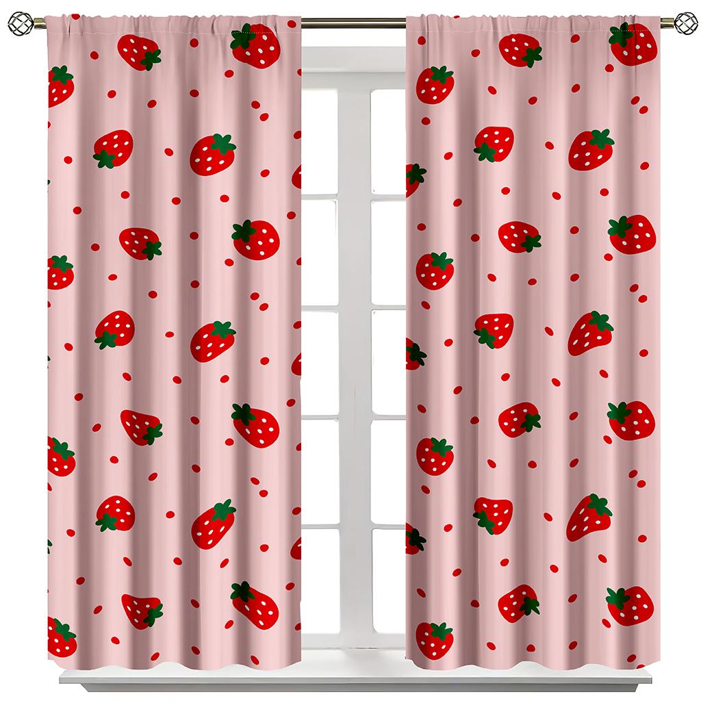 1Set/2Pcs Strawberry Curtain for Bedroom Living Room Girls Pink Cute Fruit Print Curtain Kawaii Room Decor Strawberries Window D