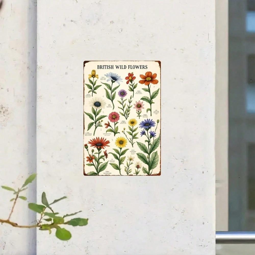 Vintage British Wild Flowers Iron Sign 8x12 Inch, Retro Floral Metal Plaque, 2D Flat Illustrated Wall Decor for Home