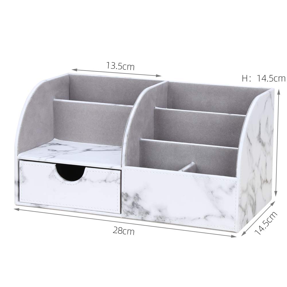 KINGFOM PU Leather Desk Storage Desktop Organizer with Drawers for Pen and Stationery Remote Small and Miscellaneous Items Marble Box/Case, Pencils,