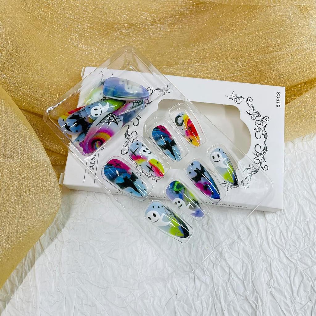 Halloween Press on Nails Medium Almond Fake Nails with Designs Cute Ghost Stick on Nails Rainbow Swirl False Nails Bat Acrylic Nails Cobweb