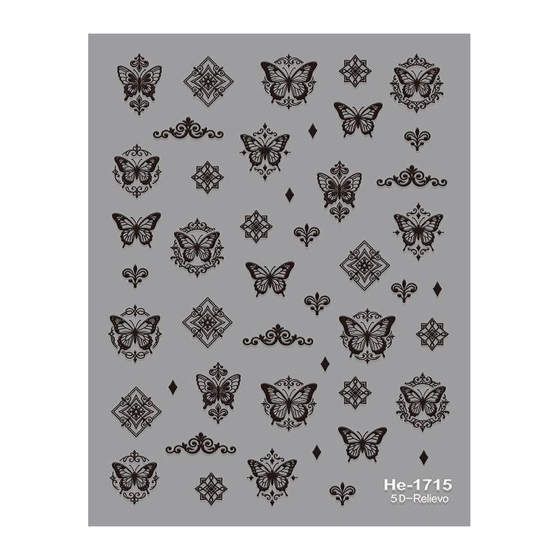5D Embossed Chinese Butterfly Nail Stickers - Black & White 3D Design
